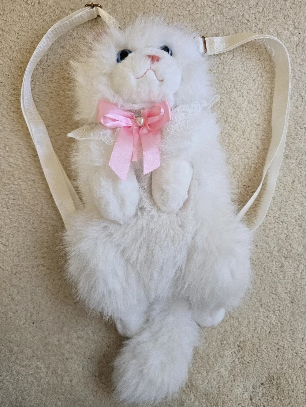 Plush White Cat Backpack with Pink Bow